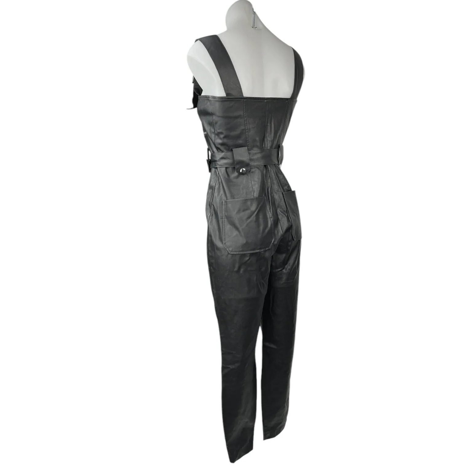 WeWoreWhat Black Faux Vegan Leather Zip Up Belted Moto Jumpsuit Overalls Size S