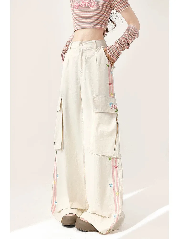 White overalls for women in summer new style embroidered design loose straight wide leg casual sports striped long pants