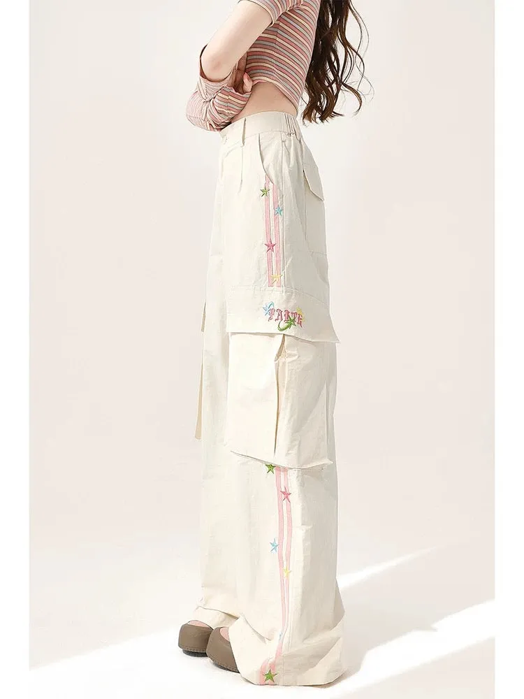 White overalls for women in summer new style embroidered design loose straight wide leg casual sports striped long pants