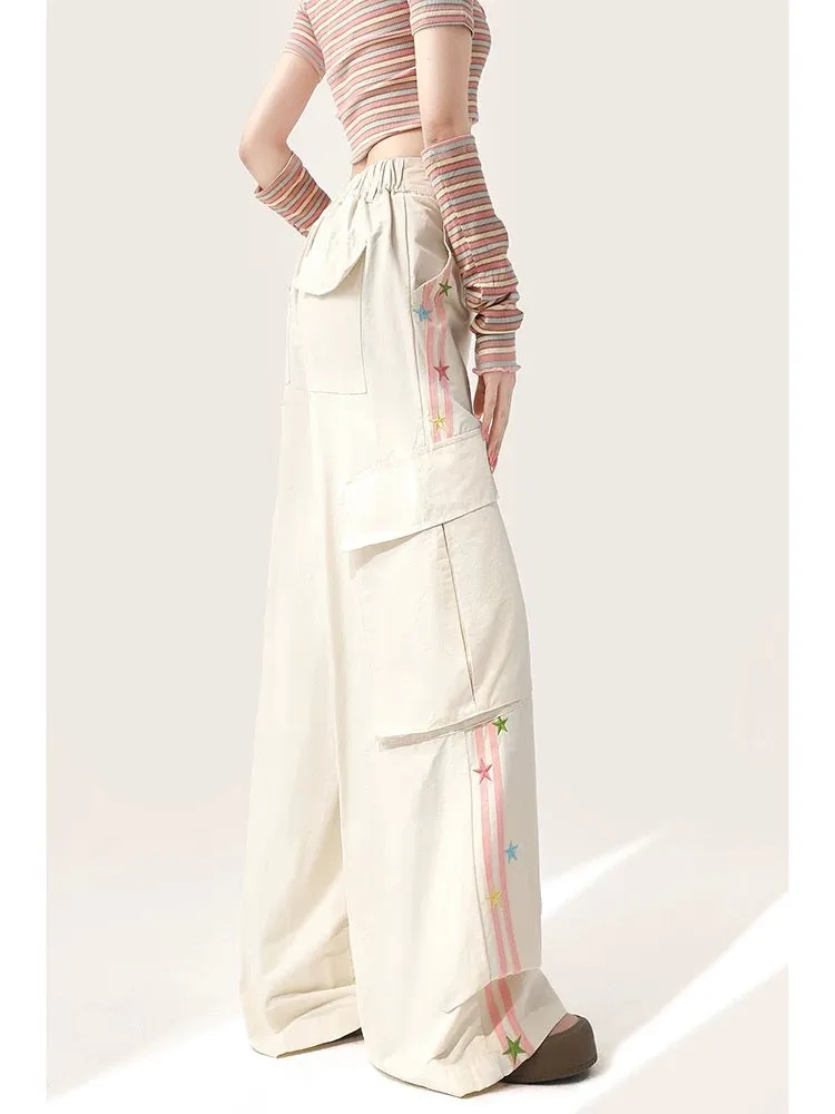 White overalls for women in summer new style embroidered design loose straight wide leg casual sports striped long pants