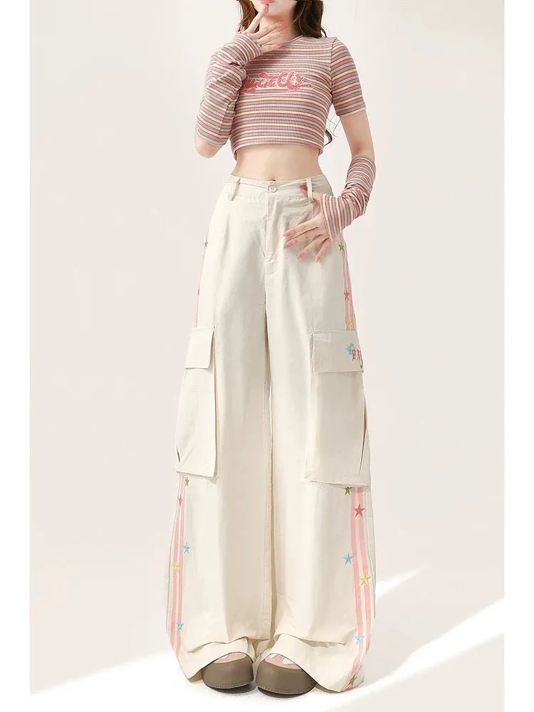 White overalls for women in summer new style embroidered design loose straight wide leg casual sports striped long pants