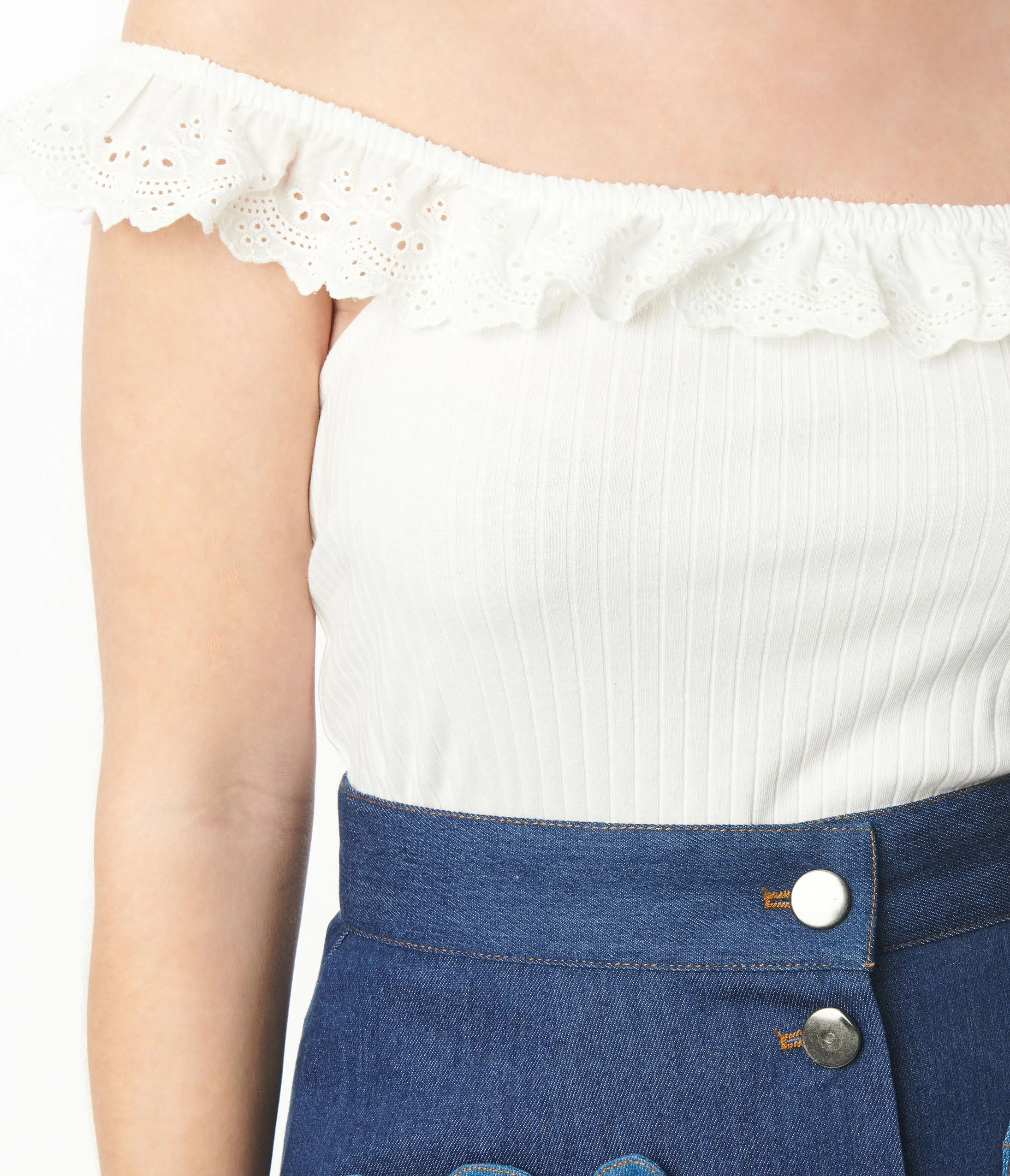 White Ribbed Knit Lace Trim Top