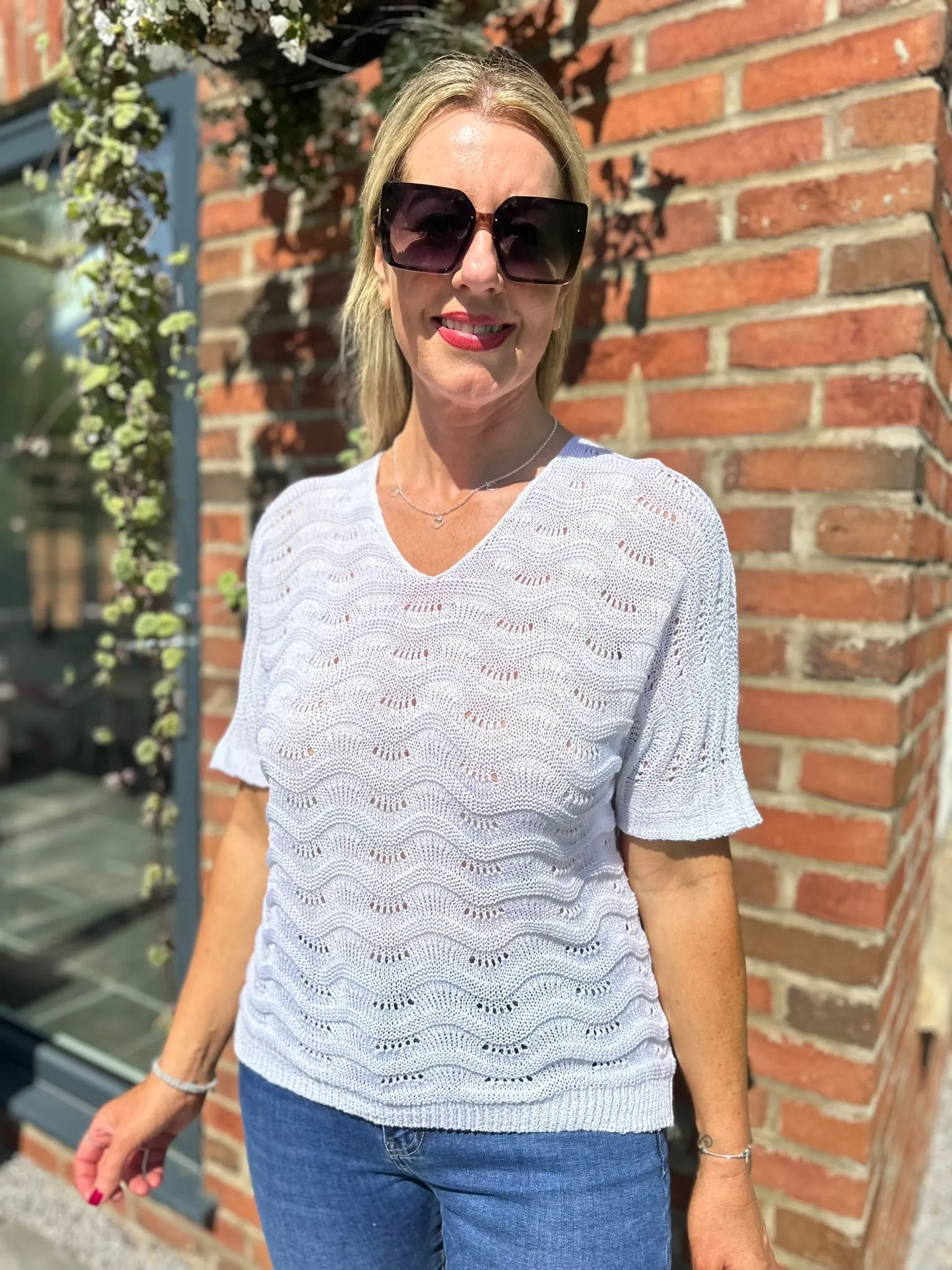 White Wavy Knit Short Sleeve Sharon