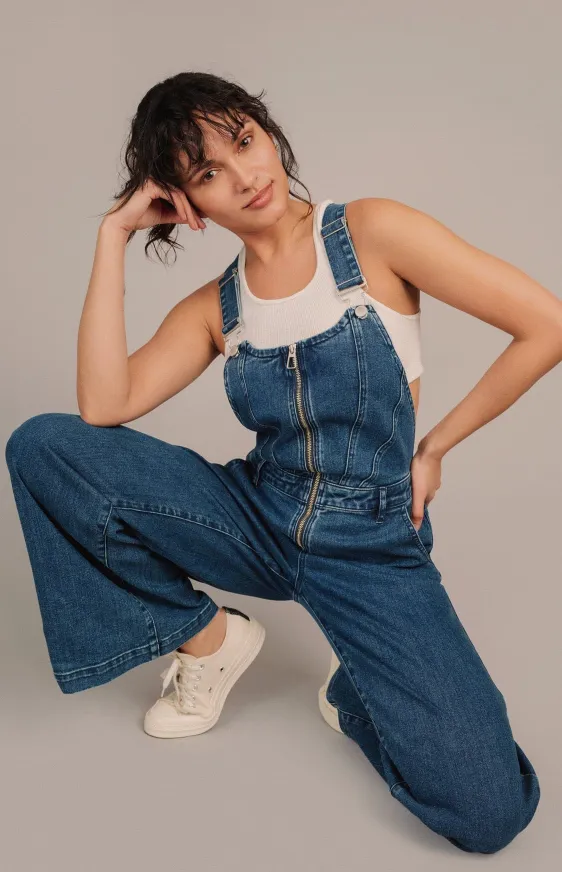 Wide Leg Sculpted Denim Overalls