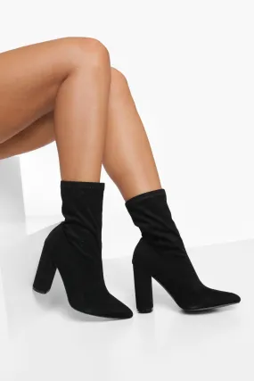 Wide Width Block Heel Pointed Toe Sock Boots