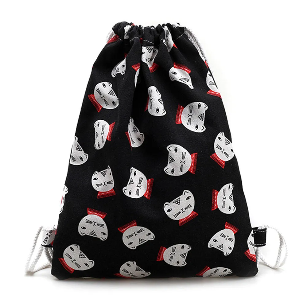 women backpack Printing Canvas Cat Backpack for girls Drawstring Bag