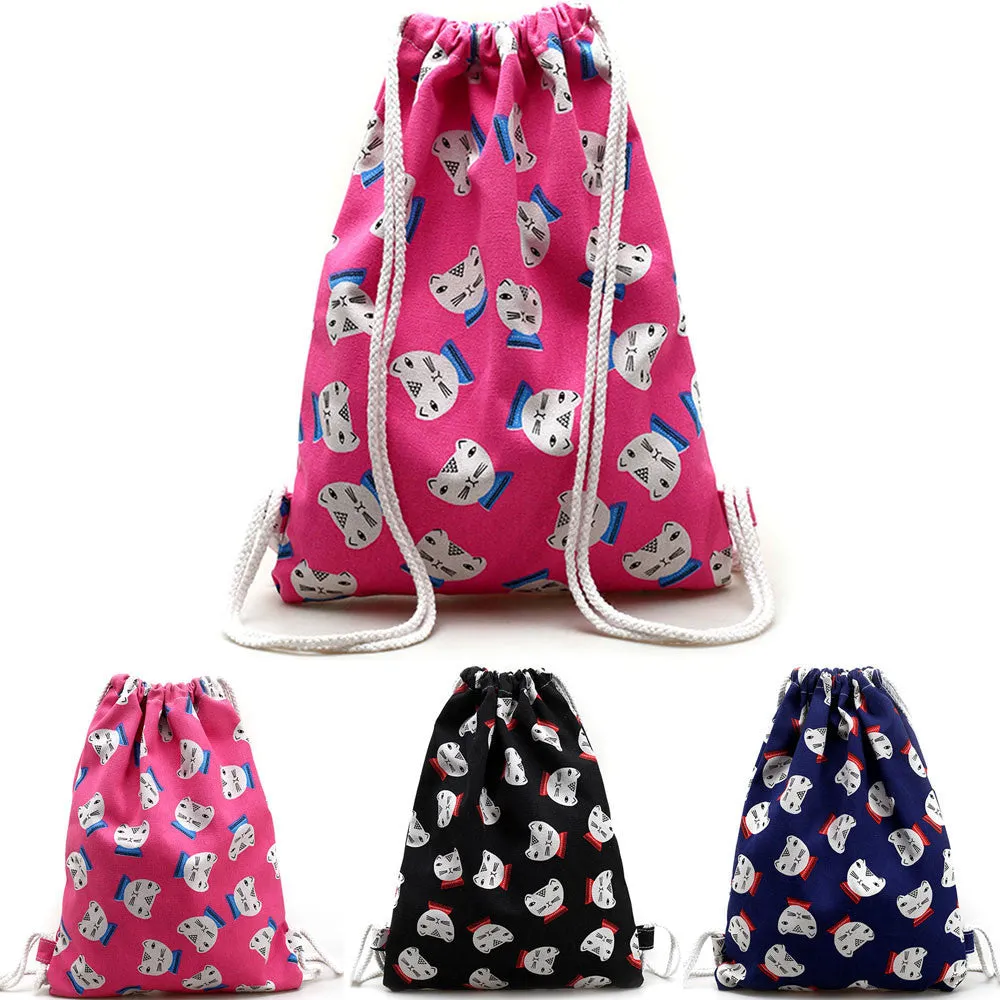 women backpack Printing Canvas Cat Backpack for girls Drawstring Bag