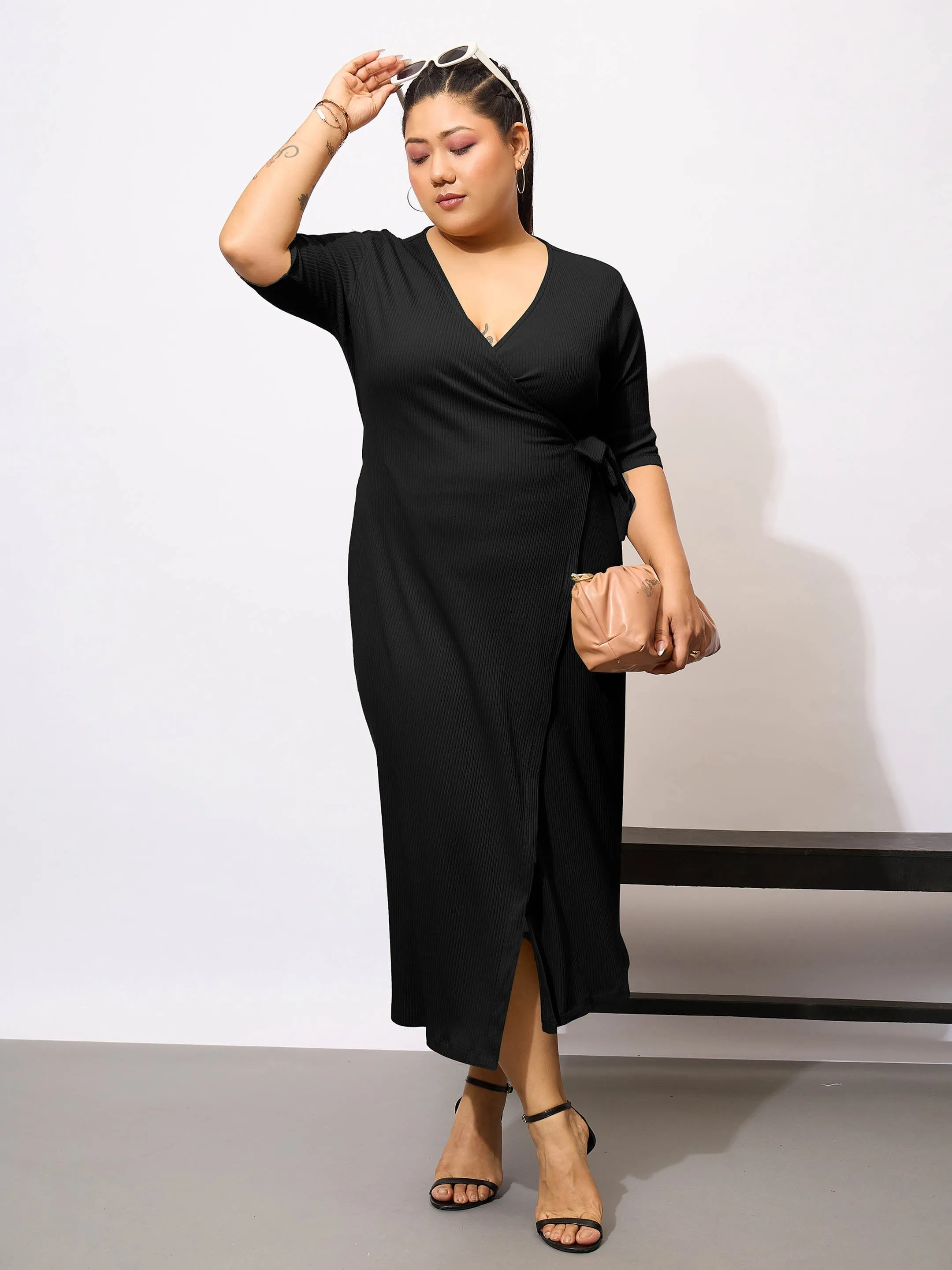 Women Black Rib Wrap Bodycon Midi Dress