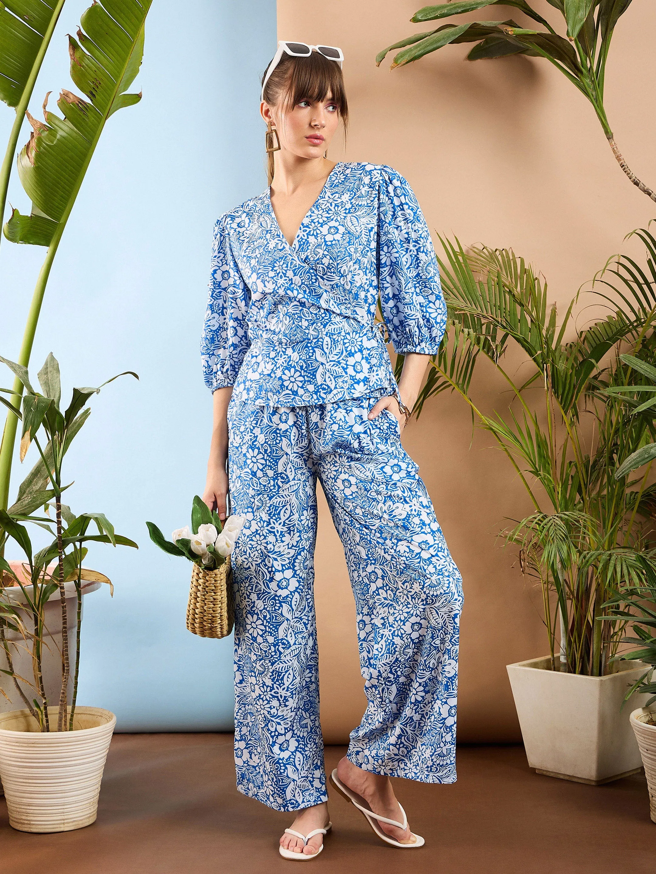 Women Blue Floral Wrap Top With Palazzos