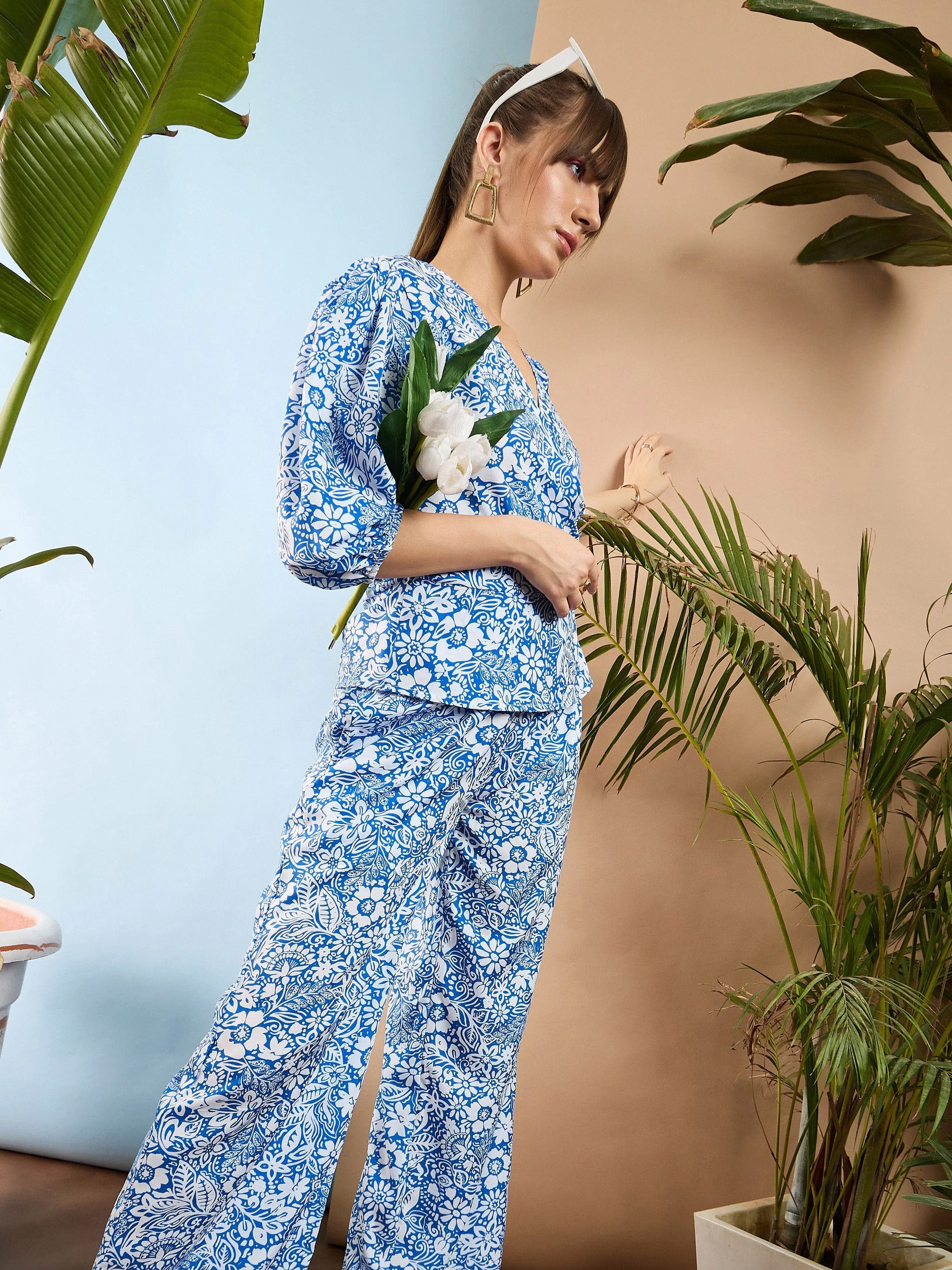 Women Blue Floral Wrap Top With Palazzos