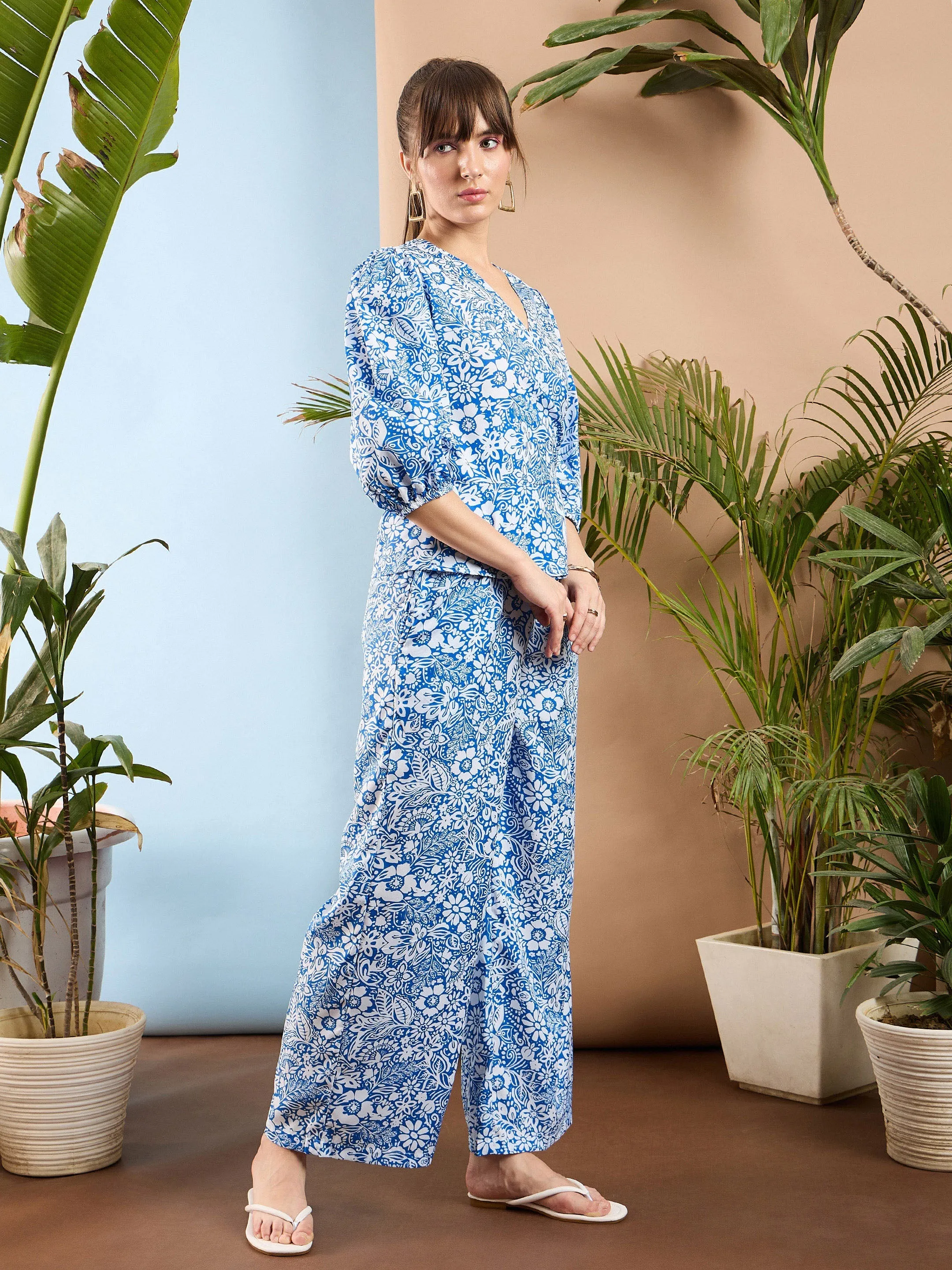 Women Blue Floral Wrap Top With Palazzos