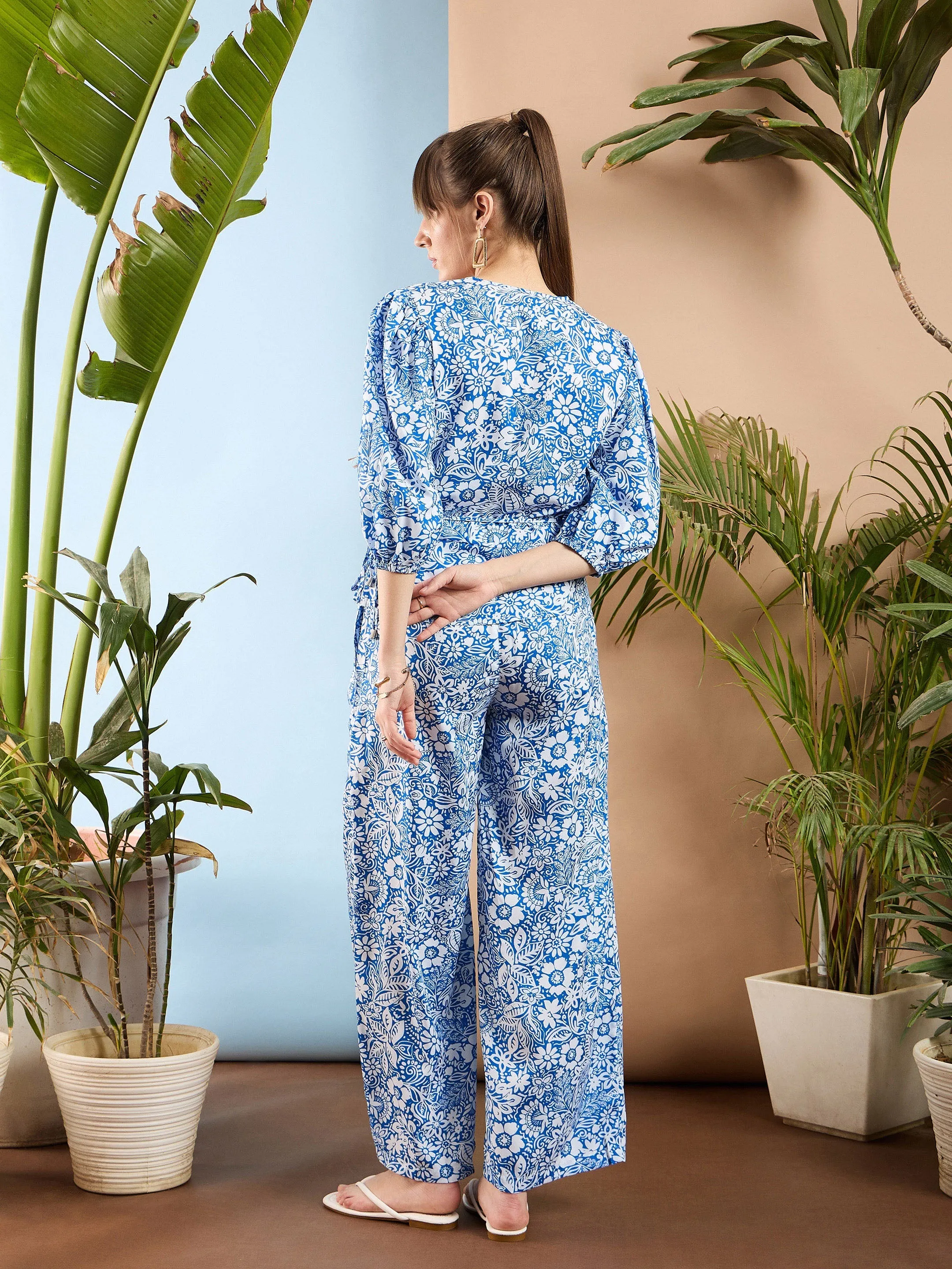 Women Blue Floral Wrap Top With Palazzos