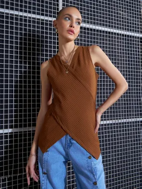 Women Brown Rib Front Wrap Top