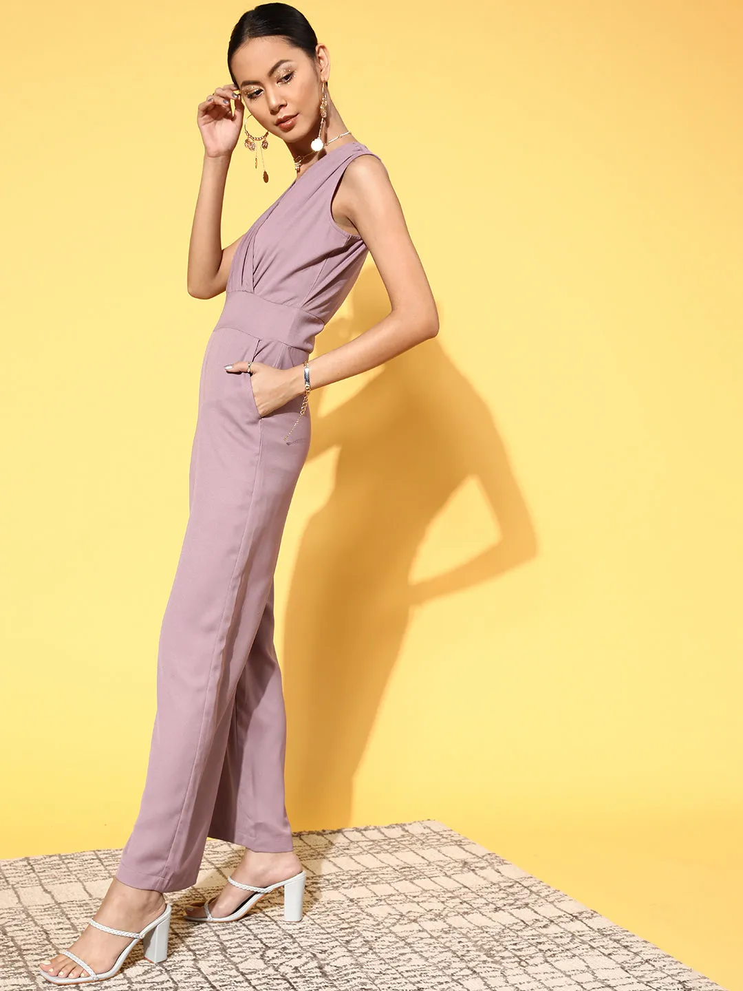 Women Lavender Wrap Gathered Jumpsuit