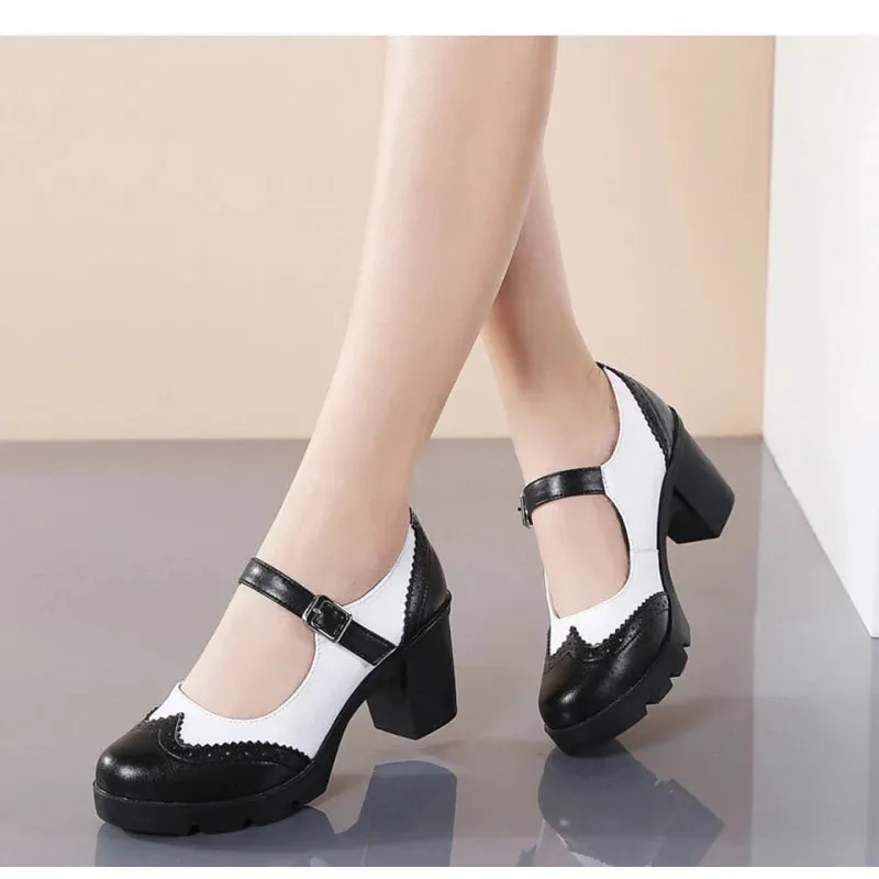 Women's Autumn Black Genuine Leather Handmade Round Toe High Heels