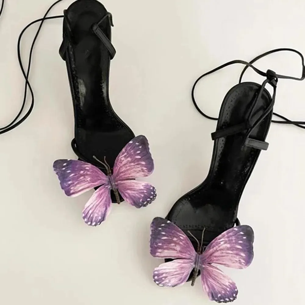 Women's Butterfly Decor Open Toe Cross Strappy Stiletto Heel Pumps