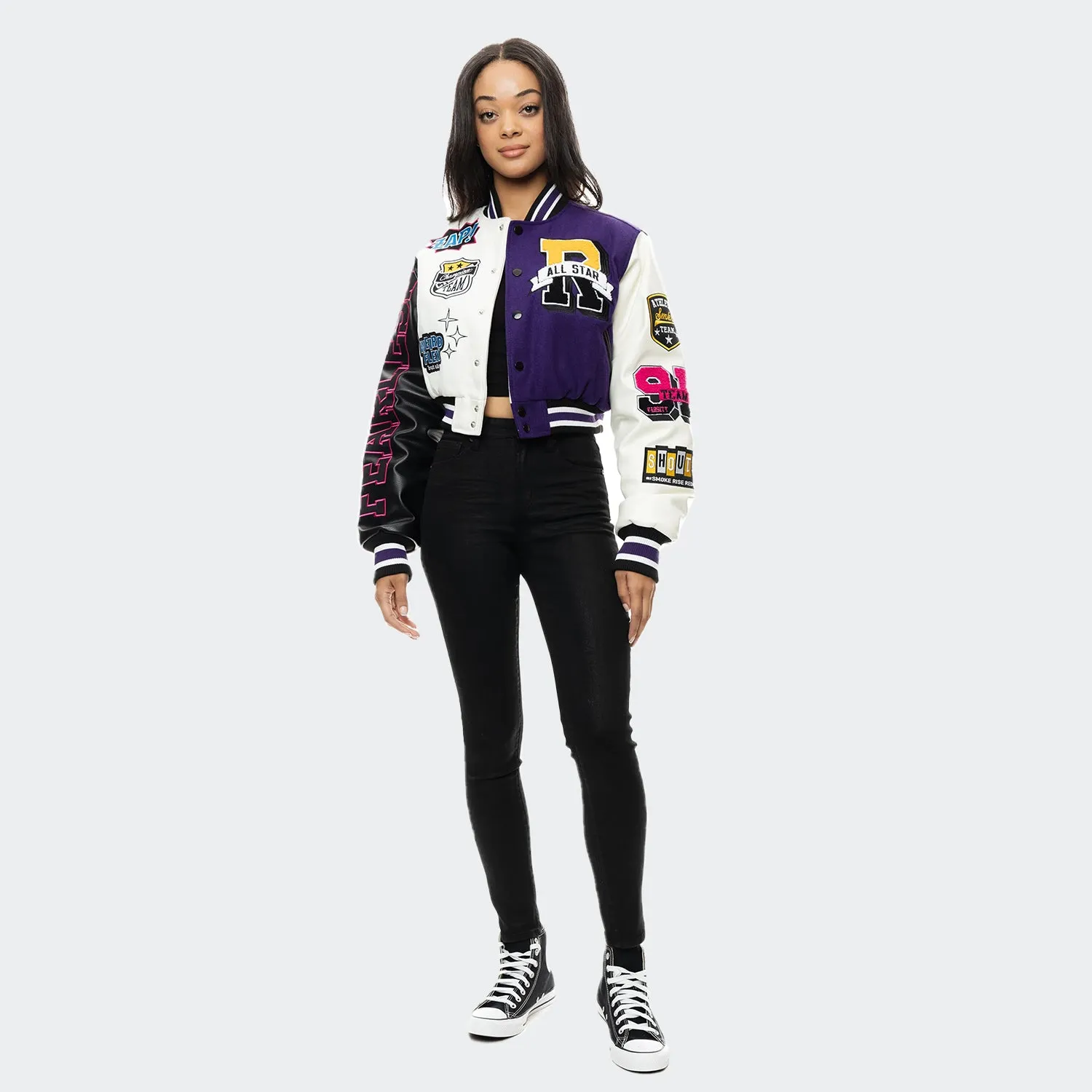 Women's Smoke Rise Red Melton Wool Crop Fashion Varsity Jacket Purple