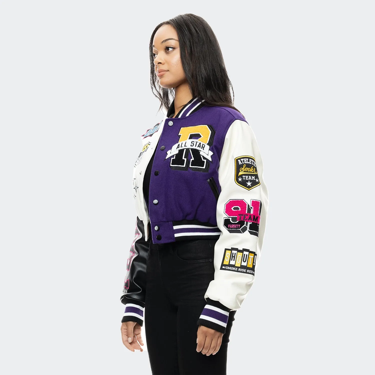 Women's Smoke Rise Red Melton Wool Crop Fashion Varsity Jacket Purple